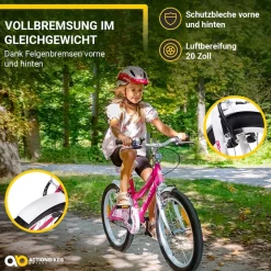 Actionbikes Kinderfahrrad Butterfly 20 Zoll, Pink, Fahrradständer, Kettenschutz, Antirutschgriffe (Weiß/Pink)