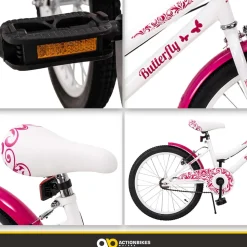 Actionbikes Kinderfahrrad Butterfly 20 Zoll, Pink, Fahrradständer, Kettenschutz, Antirutschgriffe (Weiß/Pink)
