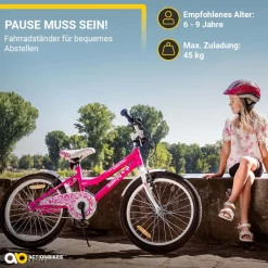 Actionbikes Kinderfahrrad Butterfly 20 Zoll, Pink, Fahrradständer, Kettenschutz, Antirutschgriffe (Weiß/Pink)