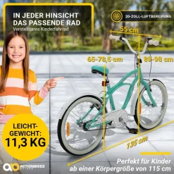 Actionbikes Kinderfahrrad Cruiser 20 Zoll, Rosa/Türkis, verstellbar, Seitenständer, V-Brake-Bremsen (Türkis)