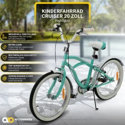 Actionbikes Kinderfahrrad Cruiser 20 Zoll, Rosa/Türkis, verstellbar, Seitenständer, V-Brake-Bremsen (Türkis)