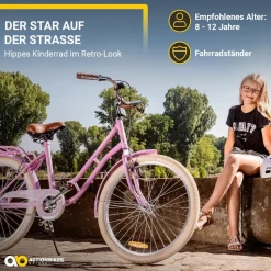 Actionbikes Kinderfahrrad Retrostar 24 Zoll, Rosa, Fahrradständer, Gepäckträger, Sattel gefedert (Rosa)