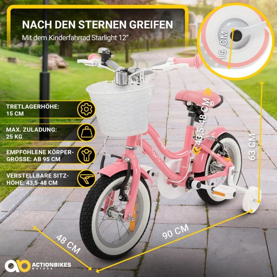 Actionbikes Kinderfahrrad Starlight 12 Zoll, Rosa, Stützräder, Fahrradkorb, Klingel, Kettenschutz (Classic)