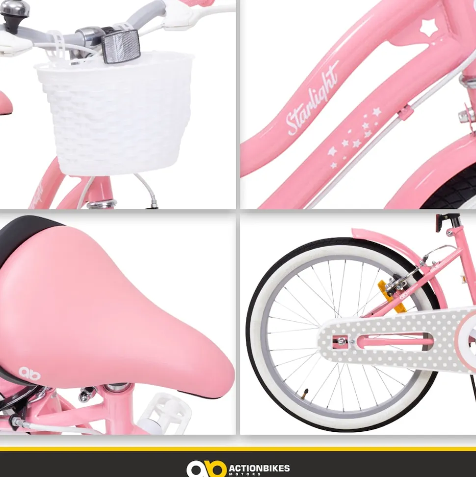 Actionbikes Kinderfahrrad Starlight 20 Zoll, Rosa, Fahrradständer, Korb, Klingel, Kettenschutz (Classic)