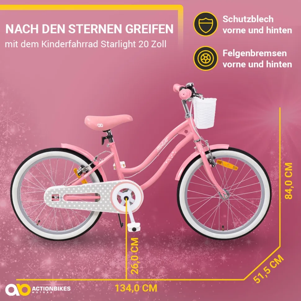 Actionbikes Kinderfahrrad Starlight 20 Zoll, Rosa, Fahrradständer, Korb, Klingel, Kettenschutz (Classic)