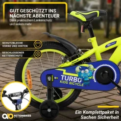 Actionbikes Kinderfahrrad Turbo 16 Zoll, Stützräder, V-Brake-Bremsen, Lenker-/Kettenschutz, Klingel
