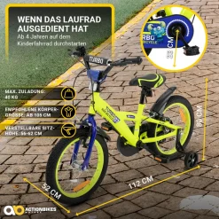 Actionbikes Kinderfahrrad Turbo 16 Zoll, Stützräder, V-Brake-Bremsen, Lenker-/Kettenschutz, Klingel