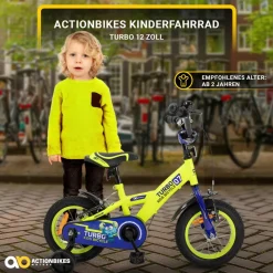 Actionbikes Kinderfahrrad Turbo 12 Zoll, Stützräder, V-Brake-Bremsen, Lenker-/Kettenschutz, Klingel