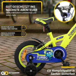 Actionbikes Kinderfahrrad Turbo 12 Zoll, Stützräder, V-Brake-Bremsen, Lenker-/Kettenschutz, Klingel