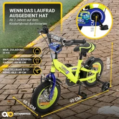 Actionbikes Kinderfahrrad Turbo 12 Zoll, Stützräder, V-Brake-Bremsen, Lenker-/Kettenschutz, Klingel