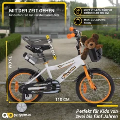 Actionbikes Kinderfahrrad Timson 16 Zoll, V-Brake-Bremsen, höhenverstellbar, Stützräder, Korb
