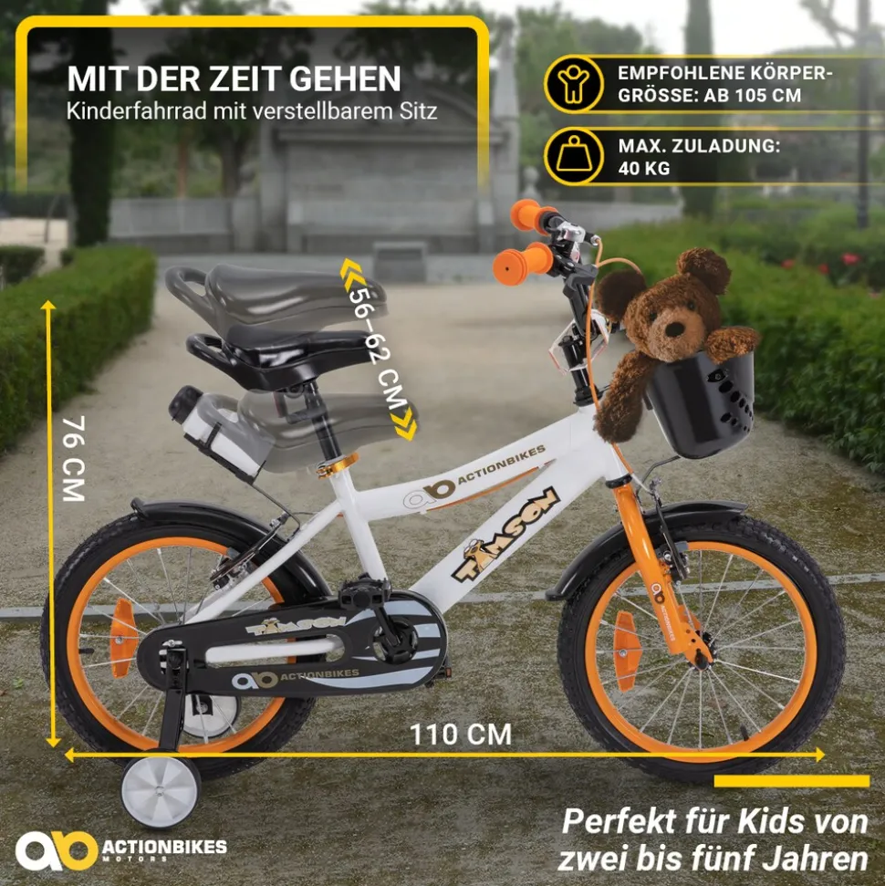 Actionbikes Kinderfahrrad Timson 16 Zoll, V-Brake-Bremsen, höhenverstellbar, Stützräder, Korb