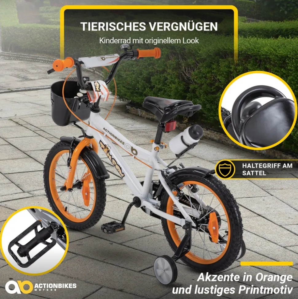 Actionbikes Kinderfahrrad Timson 16 Zoll, V-Brake-Bremsen, höhenverstellbar, Stützräder, Korb