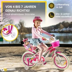 Actionbikes Kinderfahrrad Unicorn 16 Zoll, Pink, Einhorn-Design, Puppensitz, Stützräder, Fahrradkorb