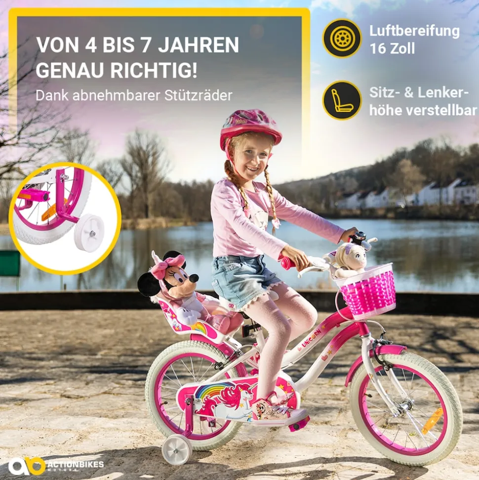 Actionbikes Kinderfahrrad Unicorn 16 Zoll, Pink, Einhorn-Design, Puppensitz, Stützräder, Fahrradkorb