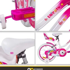 Actionbikes Kinderfahrrad Unicorn 16 Zoll, Pink, Einhorn-Design, Puppensitz, Stützräder, Fahrradkorb