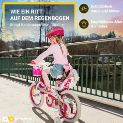 Actionbikes Kinderfahrrad Unicorn 16 Zoll, Pink, Einhorn-Design, Puppensitz, Stützräder, Fahrradkorb