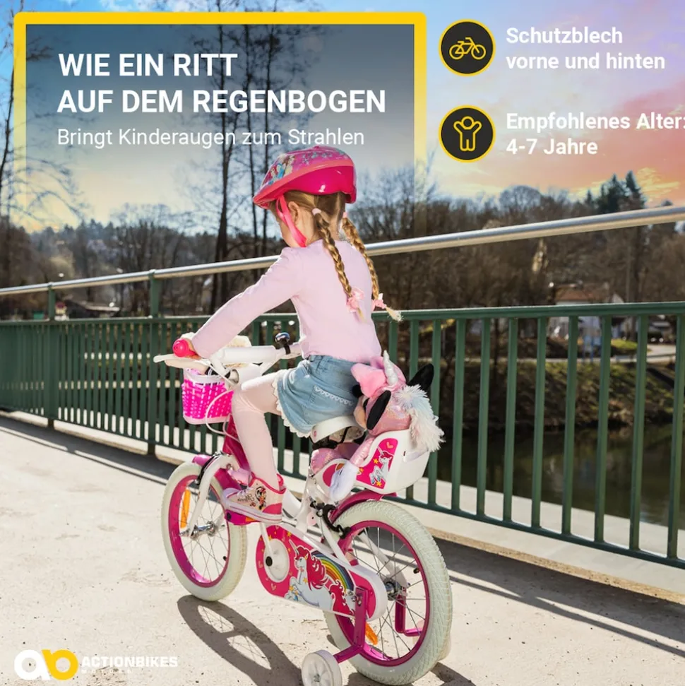 Actionbikes Kinderfahrrad Unicorn 16 Zoll, Pink, Einhorn-Design, Puppensitz, Stützräder, Fahrradkorb