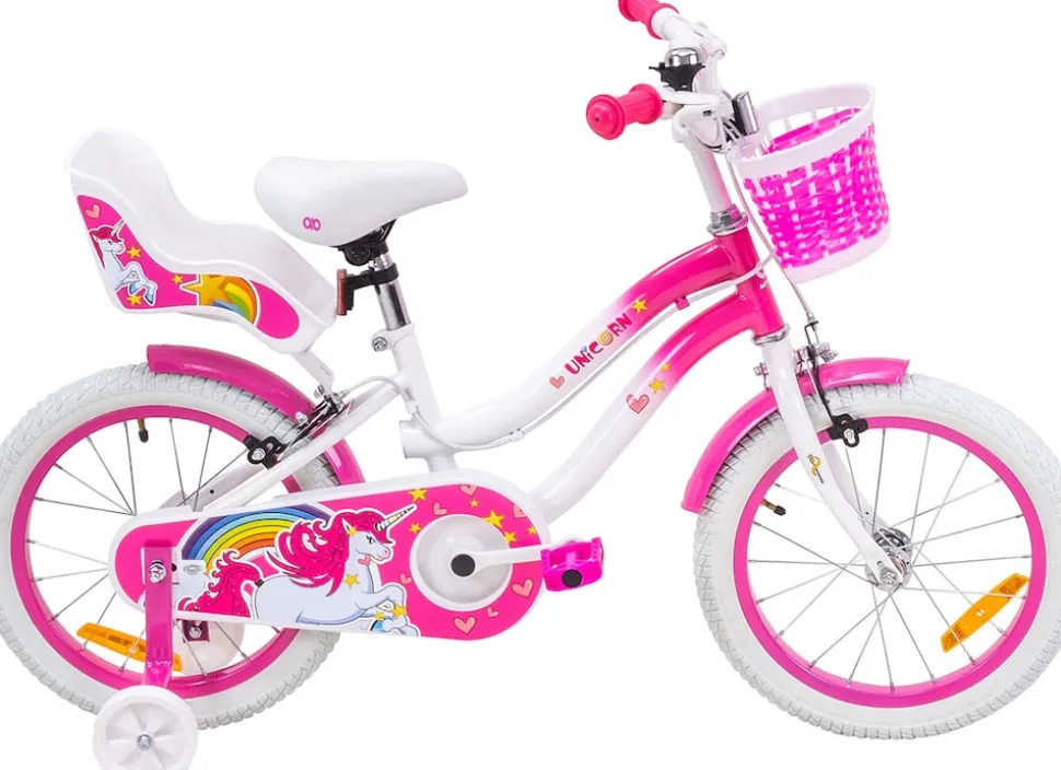 Actionbikes Kinderfahrrad Unicorn 16 Zoll, Pink, Einhorn-Design, Puppensitz, Stützräder, Fahrradkorb