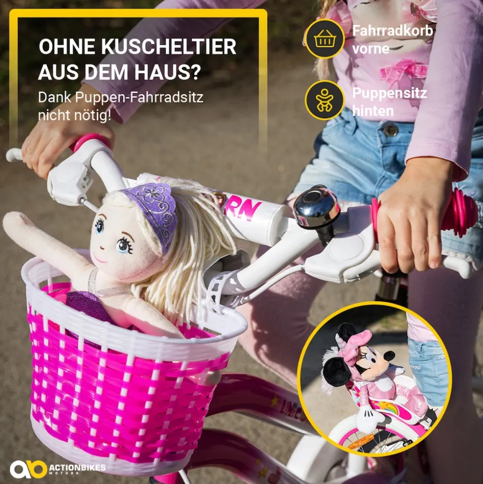 Actionbikes Kinderfahrrad Unicorn 16 Zoll, Pink, Einhorn-Design, Puppensitz, Stützräder, Fahrradkorb