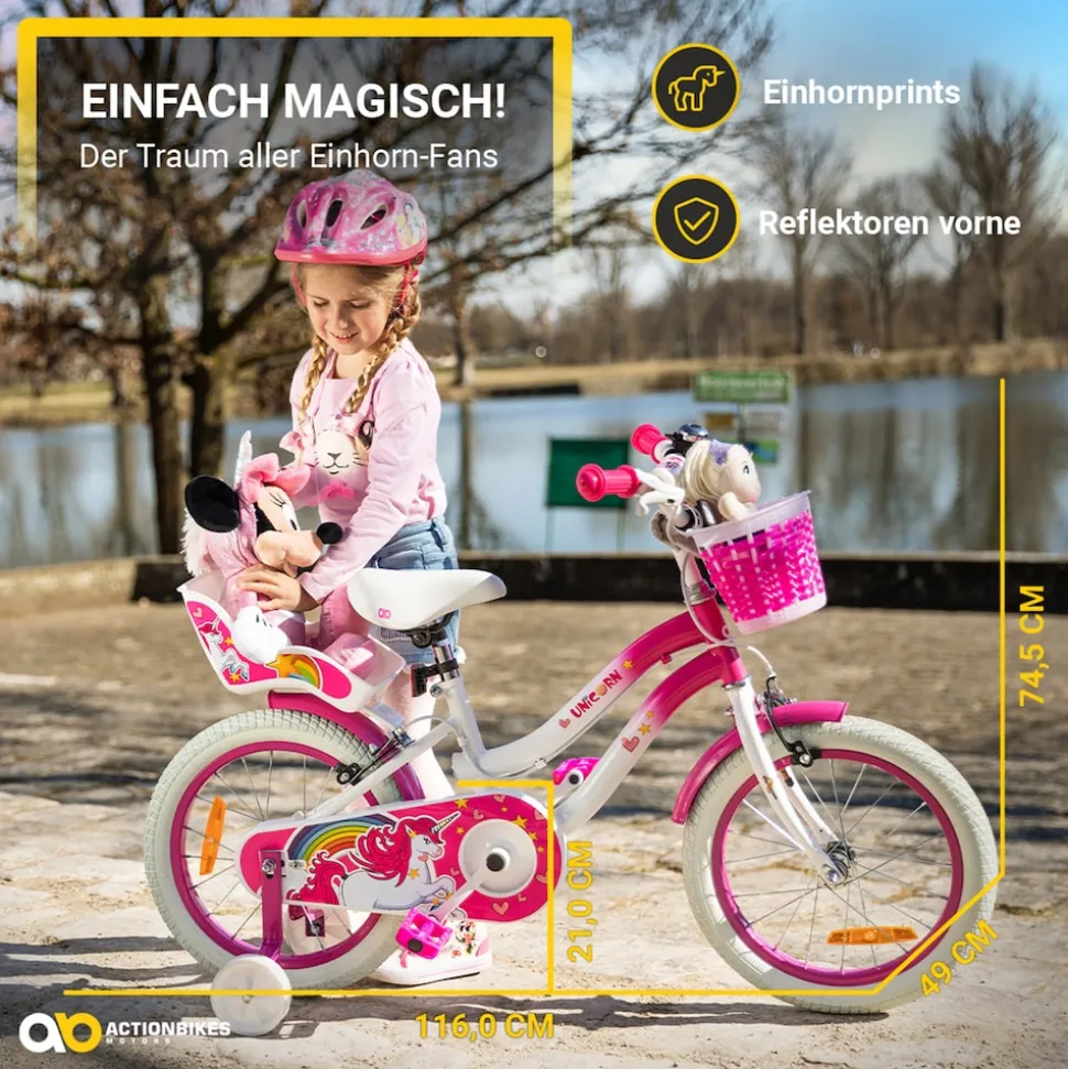 Actionbikes Kinderfahrrad Unicorn 16 Zoll, Pink, Einhorn-Design, Puppensitz, Stützräder, Fahrradkorb