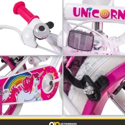 Actionbikes Kinderfahrrad Unicorn 16 Zoll, Pink, Einhorn-Design, Puppensitz, Stützräder, Fahrradkorb