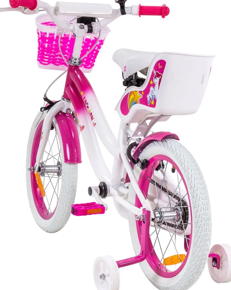 Actionbikes Kinderfahrrad Unicorn 16 Zoll, Pink, Einhorn-Design, Puppensitz, Stützräder, Fahrradkorb