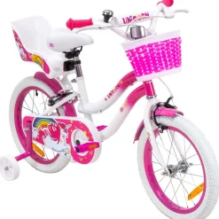 Actionbikes Kinderfahrrad Unicorn 16 Zoll, Pink, Einhorn-Design, Puppensitz, Stützräder, Fahrradkorb