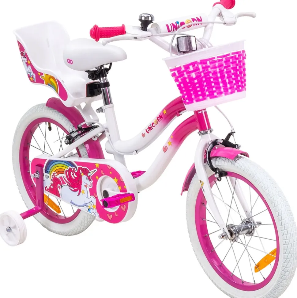 Actionbikes Kinderfahrrad Unicorn 16 Zoll, Pink, Einhorn-Design, Puppensitz, Stützräder, Fahrradkorb