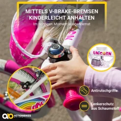 Actionbikes Kinderfahrrad Unicorn 16 Zoll, Pink, Einhorn-Design, Puppensitz, Stützräder, Fahrradkorb