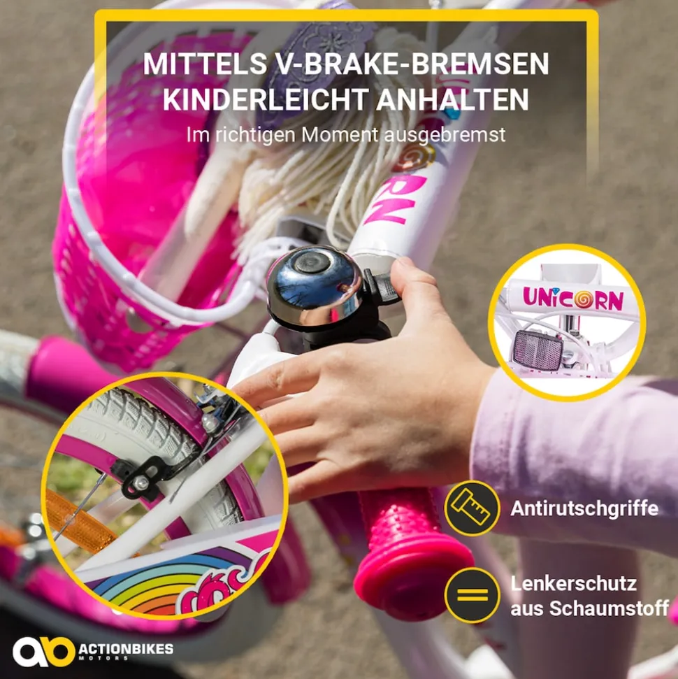 Actionbikes Kinderfahrrad Unicorn 16 Zoll, Pink, Einhorn-Design, Puppensitz, Stützräder, Fahrradkorb