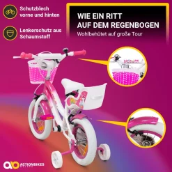 Actionbikes Kinderfahrrad Unicorn 12 Zoll, Pink, Einhorn-Design, Puppensitz, Stützräder, Fahrradkorb