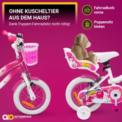 Actionbikes Kinderfahrrad Unicorn 12 Zoll, Pink, Einhorn-Design, Puppensitz, Stützräder, Fahrradkorb