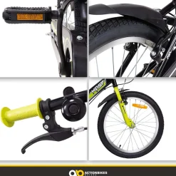 Actionbikes Kinderfahrrad Wasp 20 Zoll, Fahrradständer, Schutzbleche, verstellbar, V-Brake-Bremsen (Schwarz-Grün)