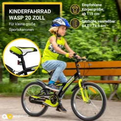 Actionbikes Kinderfahrrad Wasp 20 Zoll, Fahrradständer, Schutzbleche, verstellbar, V-Brake-Bremsen (Schwarz-Grün)