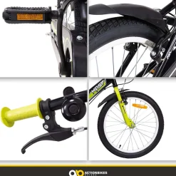 Actionbikes Kinderfahrrad Wasp 20 Zoll, Fahrradständer, Schutzbleche, verstellbar, V-Brake-Bremsen (Schwarz-Grün)