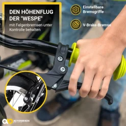 Actionbikes Kinderfahrrad Wasp 20 Zoll, Fahrradständer, Schutzbleche, verstellbar, V-Brake-Bremsen (Schwarz-Grün)