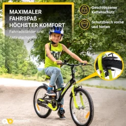 Actionbikes Kinderfahrrad Wasp 20 Zoll, Fahrradständer, Schutzbleche, verstellbar, V-Brake-Bremsen (Schwarz-Grün)