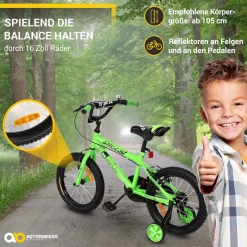 Actionbikes Kinderfahrrad Zombie 16 Zoll, V-Brake-Bremsen, höhenverstellbar, Stützräder, Reflektoren