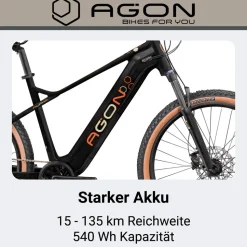 Agon Alpha E Bike Mountainbike Herren 160 - 185 cm Pedelec 27,5 Zoll Hardtail MTB Trail mit Ananda Motor 10 Gang 540 Wh