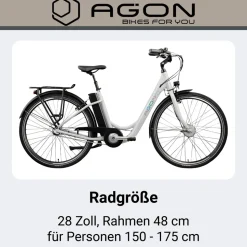 Agon Aurora 28 Zoll E-Bike 28 Zoll Citybike bis 130 km Damen Herren 150 - 175 cm Pedelec Elektrofahrrad 3 Gang und Beleuchtung StVZO