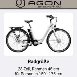 Agon Aurora 28 Zoll E-Bike 28 Zoll Citybike bis 130 km Damen Herren 150 - 175 cm Pedelec Elektrofahrrad 3 Gang und Beleuchtung StVZO