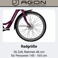 Agon Axis E-Bike 26 Zoll Citybike Damen Herren 140 - 165 cm Pedelec mit Nabenmotor Fahrrad 3 Gang und Beleuchtung StVZO