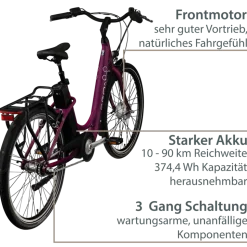 Agon Axis E-Bike 26 Zoll Citybike Damen Herren 140 - 165 cm Pedelec mit Nabenmotor Fahrrad 3 Gang und Beleuchtung StVZO