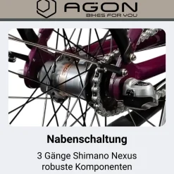 Agon Axis E-Bike 26 Zoll Citybike Damen Herren 140 - 165 cm Pedelec mit Nabenmotor Fahrrad 3 Gang und Beleuchtung StVZO