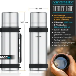 Arendo Isolierflasche, Edelstahl, BPA-frei, hält warm & kalt, 1 Liter