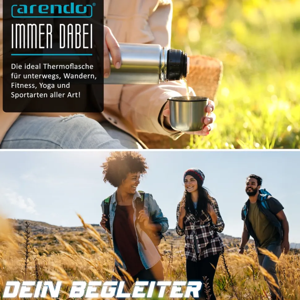 Arendo Isolierflasche 1 L, Edelstahl Thermoflasche, BPA-frei, geschmacksneutral, für unterwegs, hält kalt & warm