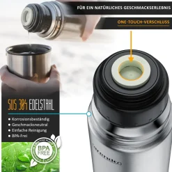 Arendo Isolierflasche 1 L, Edelstahl Thermoflasche, BPA-frei, geschmacksneutral, für unterwegs, hält kalt & warm
