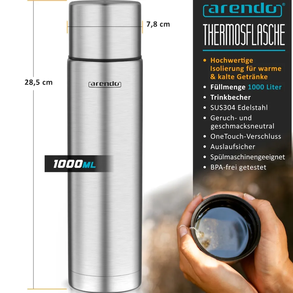 Arendo Isolierflasche 1 L, Edelstahl Thermoflasche, BPA-frei, geschmacksneutral, für unterwegs, hält kalt & warm