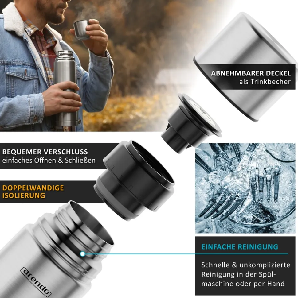 Arendo Isolierflasche 1 L, Edelstahl Thermoflasche, BPA-frei, geschmacksneutral, für unterwegs, hält kalt & warm